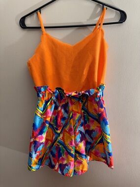 SHEIN Orange Tropical Romper Cami Style Elastic Waist Shorts Size 10Y